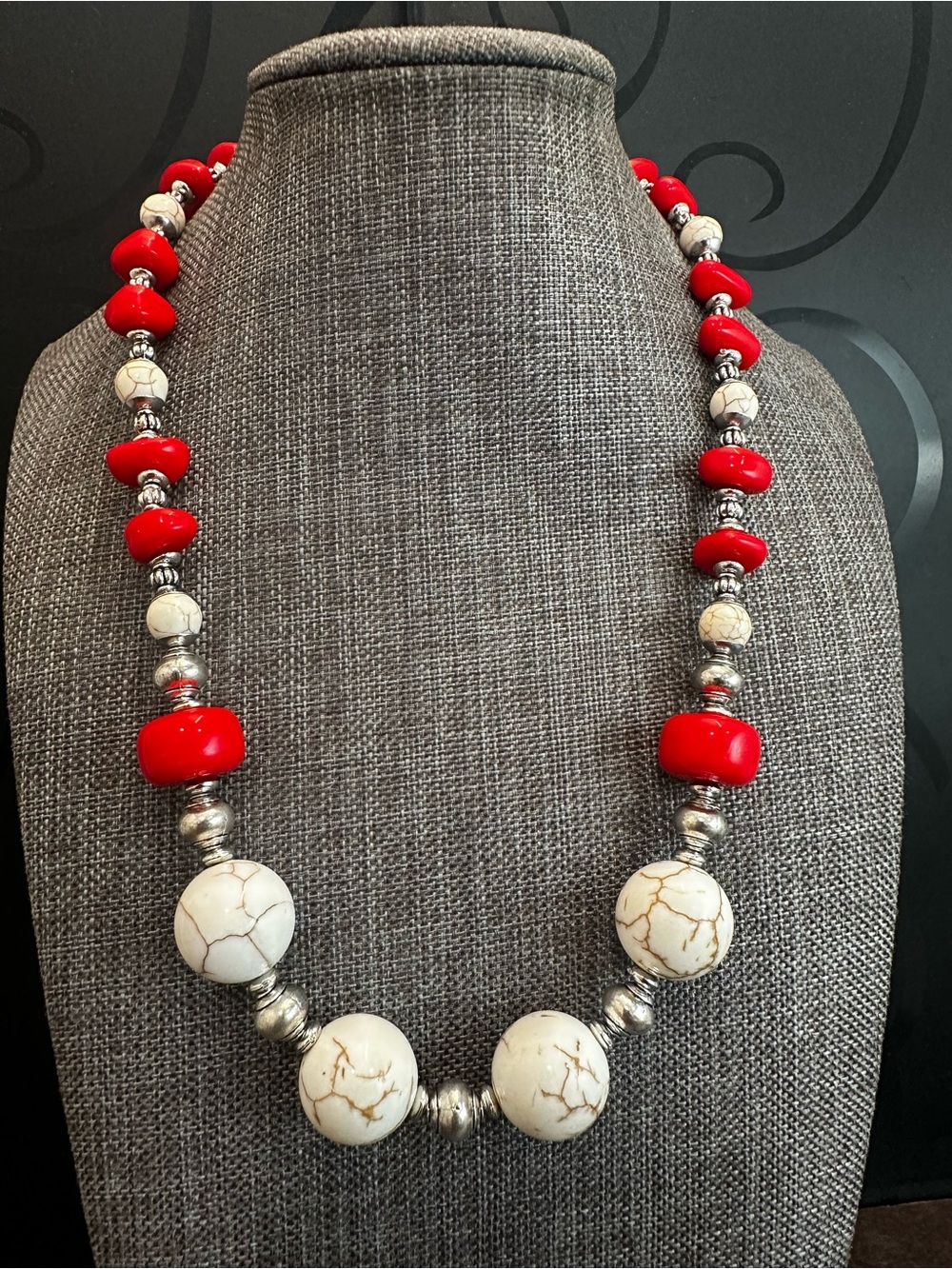 Bold Red & White Beaded Necklace with Silver Accents